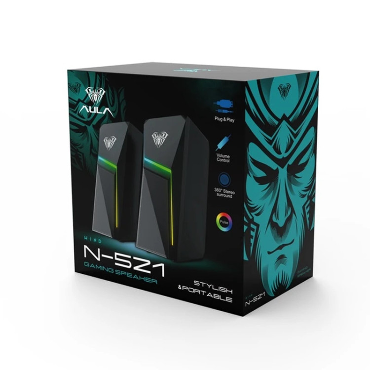 اسپیکر گیمینگ آئولا مدل Wind N-521، درگاه ارتباطی شامل جک 3.5 میلی متری صدا، دارای پخش صدای 360 درجه، نورپردازی RGB، کلید مدیریت میزان صدا
