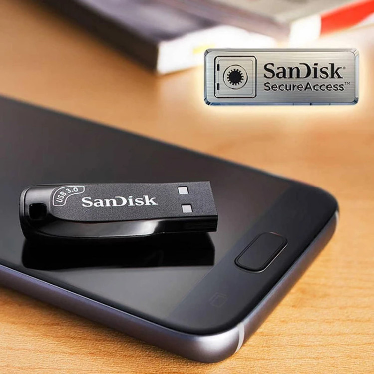 فلش مموری 64 گیگابایت سن دیسک مدل ULTRA SHIFT CZ410، دارای رابط USB 3.0، نرمافزار امنیتی و نرمافزار بازیابی فایلها